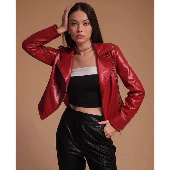 New Furniq UK Women's Leather Jacket, Red Size Large - Picture 2 of 8